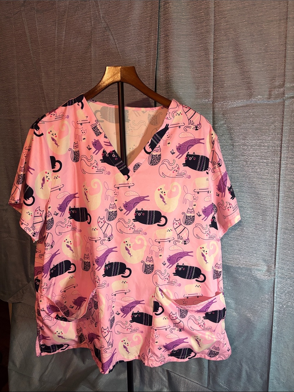 Pink Cat Print Medical Scrub Top